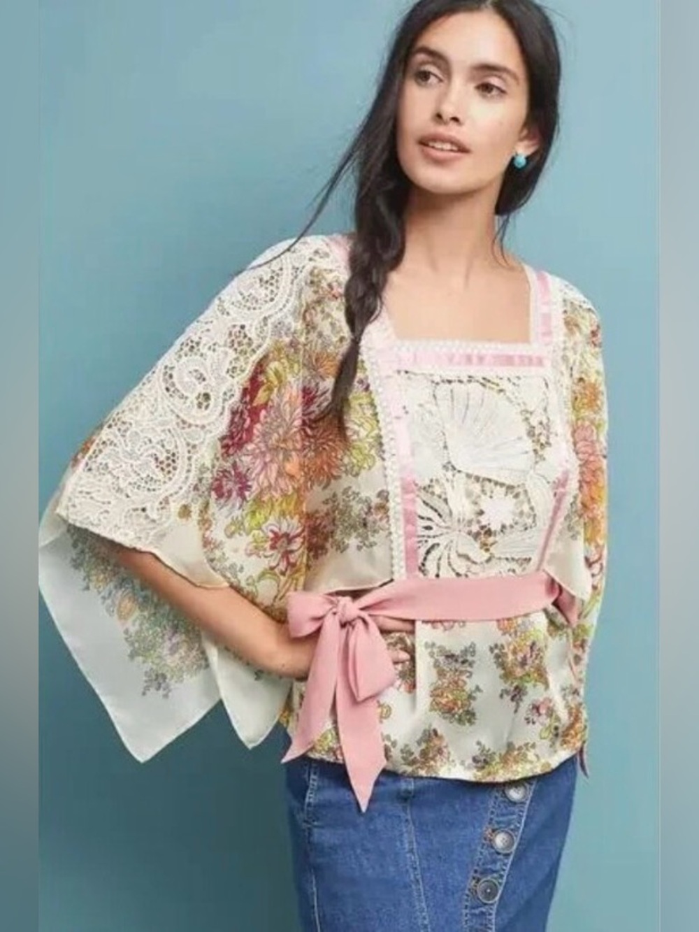 NWT Anthropologie Tiny Top Begonia Print Lace Kimono Top with Pink Waist Tie